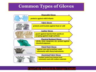 Coca-Cola Bangladesh Beverages Limited
protects against mild irritants
protects and insulate against heat or cold
guard against injuries from sparks or
scraping against rough surfaces
nitrile, vinyl, neoprene, etc. protect against
chemical exposure
against cuts and scratches; used
commonly with sharp instruments
insulate hands from intense heat;
commonly used with molten materials
Fabric Gloves
Leather Gloves
Chemical Resistant Gloves
Metal Mesh Gloves
Aluminized Fabric Gloves
Disposable Gloves
Common Types of Gloves
Coca-Cola Bangladesh Beverages Limited
 