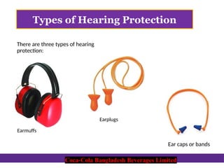 Coca-Cola Bangladesh Beverages Limited
Types of Hearing Protection
There are three types of hearing
protection:
Earmuffs
Earplugs
Ear caps or bands
Coca-Cola Bangladesh Beverages Limited
 