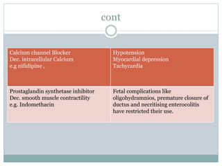 cont
Calcium channel Blocker
Dec. intracellular Calcium
e.g nifidipine ,
Hypotension
Myocardial depression
Tachycardia
Prostaglandin synthetase inhibitor
Dec. smooth muscle contractility
e.g. Indomethacin
Fetal complications like
oligohydramnios, premature closure of
ductus and necritising enterocolitis
have restricted their use.
 
