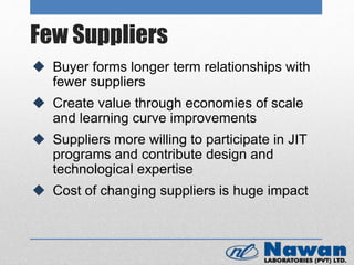 Few Suppliers
 Buyer forms longer term relationships with
fewer suppliers
 Create value through economies of scale
and learning curve improvements
 Suppliers more willing to participate in JIT
programs and contribute design and
technological expertise
 Cost of changing suppliers is huge impact
 