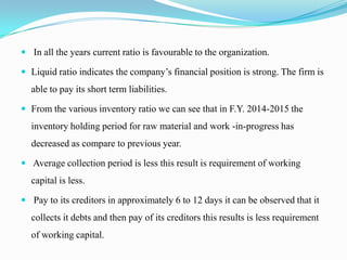  In all the years current ratio is favourable to the organization.

 Liquid ratio indicates the company’s financial position is strong. The firm is
  able to pay its short term liabilities.

 From the various inventory ratio we can see that in F.Y. 2014-2015 the
  inventory holding period for raw material and work -in-progress has
  decreased as compare to previous year.

 Average collection period is less this result is requirement of working
  capital is less.

 Pay to its creditors in approximately 6 to 12 days it can be observed that it
  collects it debts and then pay of its creditors this results is less requirement
  of working capital.
 