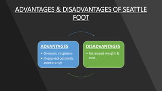 ADVANTAGES & DISADVANTAGES OF SEATTLE
FOOT
ADVANTAGES
• Dynamic response
• Improved cosmetic
appearance
DISADVANTAGES
• Increased weight &
cost.
 