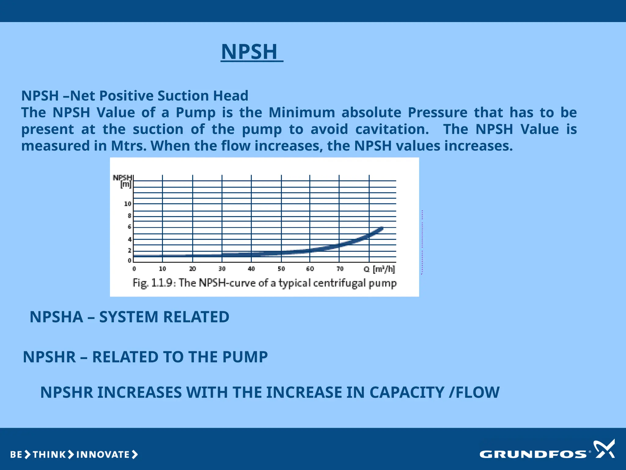 NPSH
NPSH –Net Positive Suction Head
The NPSH Value of a Pump is the Minimum absolute Pressure that has to be
present at the suction of the pump to avoid cavitation. The NPSH Value is
measured in Mtrs. When the flow increases, the NPSH values increases.
NPSHA – SYSTEM RELATED
NPSHR – RELATED TO THE PUMP
NPSHR INCREASES WITH THE INCREASE IN CAPACITY /FLOW
 