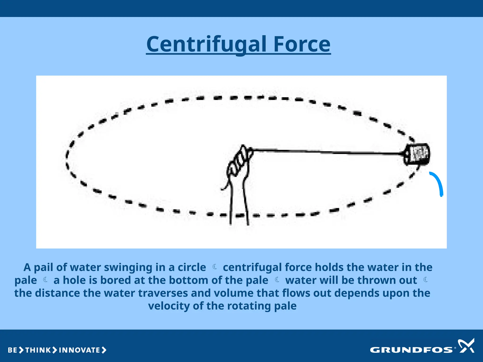 Centrifugal Force
A pail of water swinging in a circle  centrifugal force holds the water in the
pale  a hole is bored at the bottom of the pale  water will be thrown out 
the distance the water traverses and volume that flows out depends upon the
velocity of the rotating pale
 