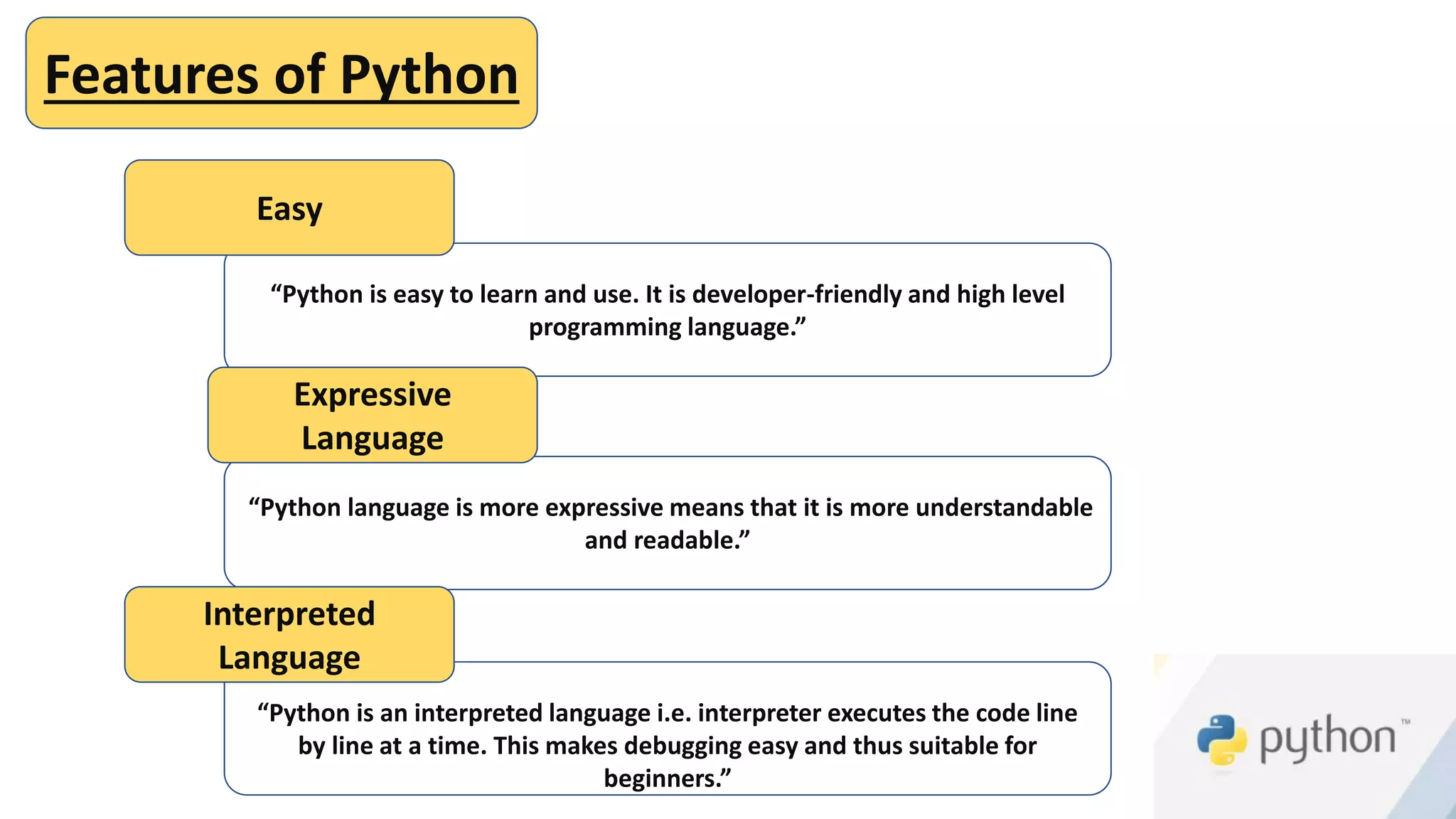 “Python is an interpreted language i.e. interpreter executes the code line
by line at a time. This makes debugging easy and thus suitable for
beginners.”
“Python language is more expressive means that it is more understandable
and readable.”
“Python is easy to learn and use. It is developer-friendly and high level
programming language.”
Features of Python
Easy
Expressive
Language
Interpreted
Language
 