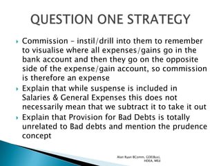    Commission – instil/drill into them to remember
    to visualise where all expenses/gains go in the
    bank account and then they go on the opposite
    side of the expense/gain account, so commission
    is therefore an expense
   Explain that while suspense is included in
    Salaries & General Expenses this does not
    necessarily mean that we subtract it to take it out
   Explain that Provision for Bad Debts is totally
    unrelated to Bad debts and mention the prudence
    concept

                              Alan Ryan BComm, GDE(Bus),
                                             HDEA, MEd
 