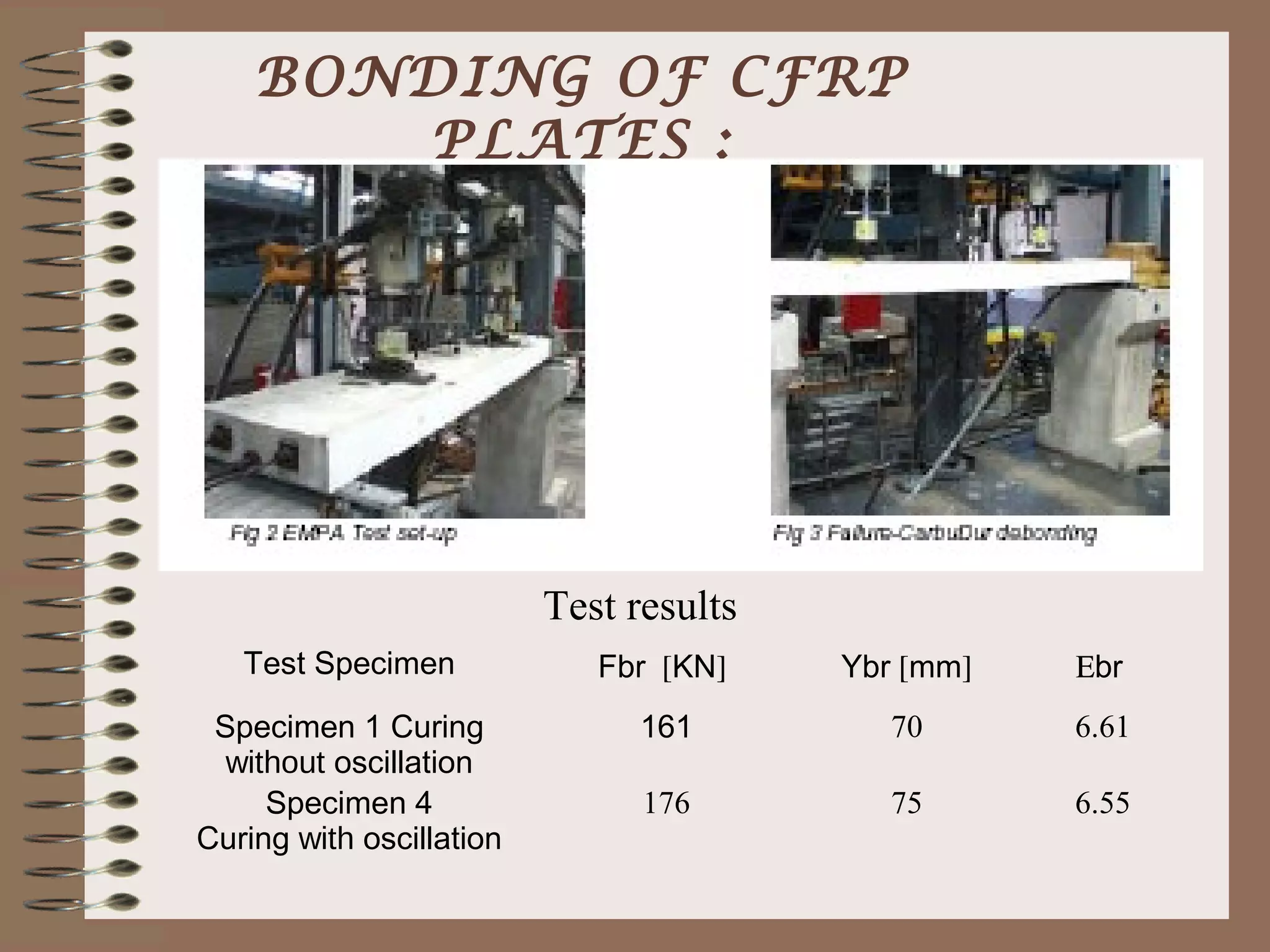 BONDING OF CFRP
       PLATES :




                          Test results
   Test Specimen             Fbr [KN]    Ybr [mm]   Εbr
 Specimen 1 Curing              161         70      6.61
  without oscillation
     Specimen 4                 176         75      6.55
Curing with oscillation
 