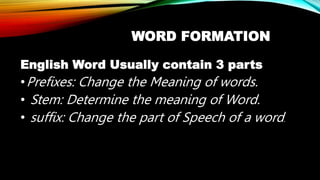 WORD FORMATION
English Word Usually contain 3 parts
•Prefixes: Change the Meaning of words.
• Stem: Determine the meaning ...