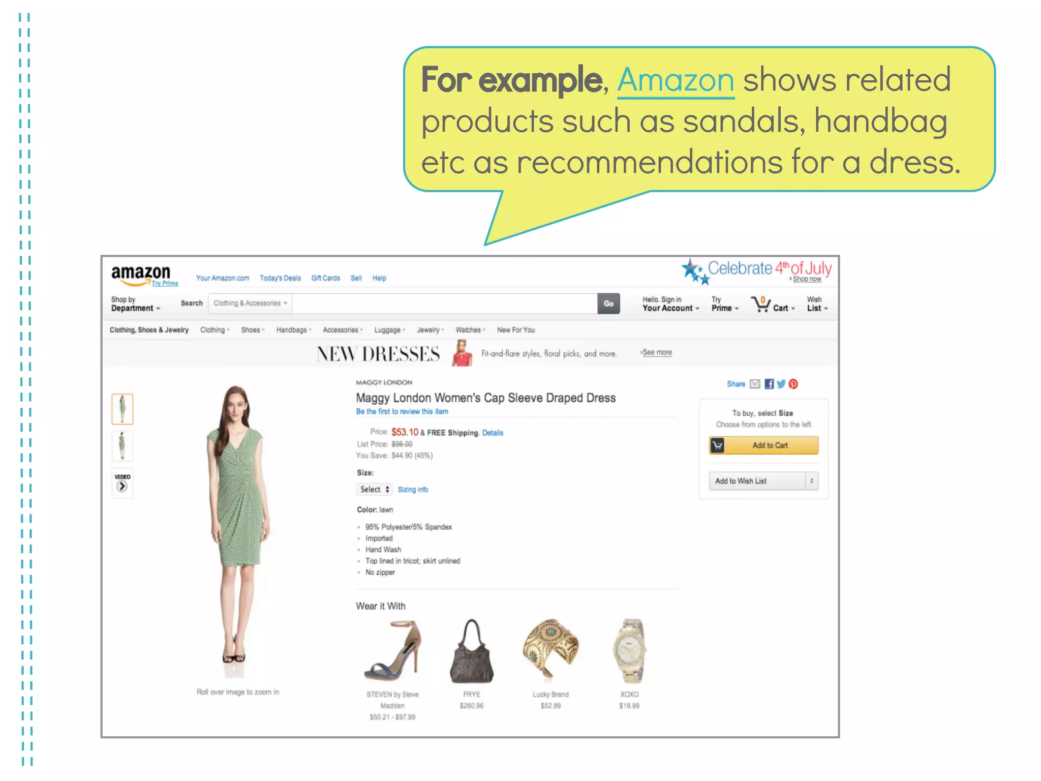 For example, Amazon shows related
products such as sandals, handbag
etc as recommendations for a dress.
 