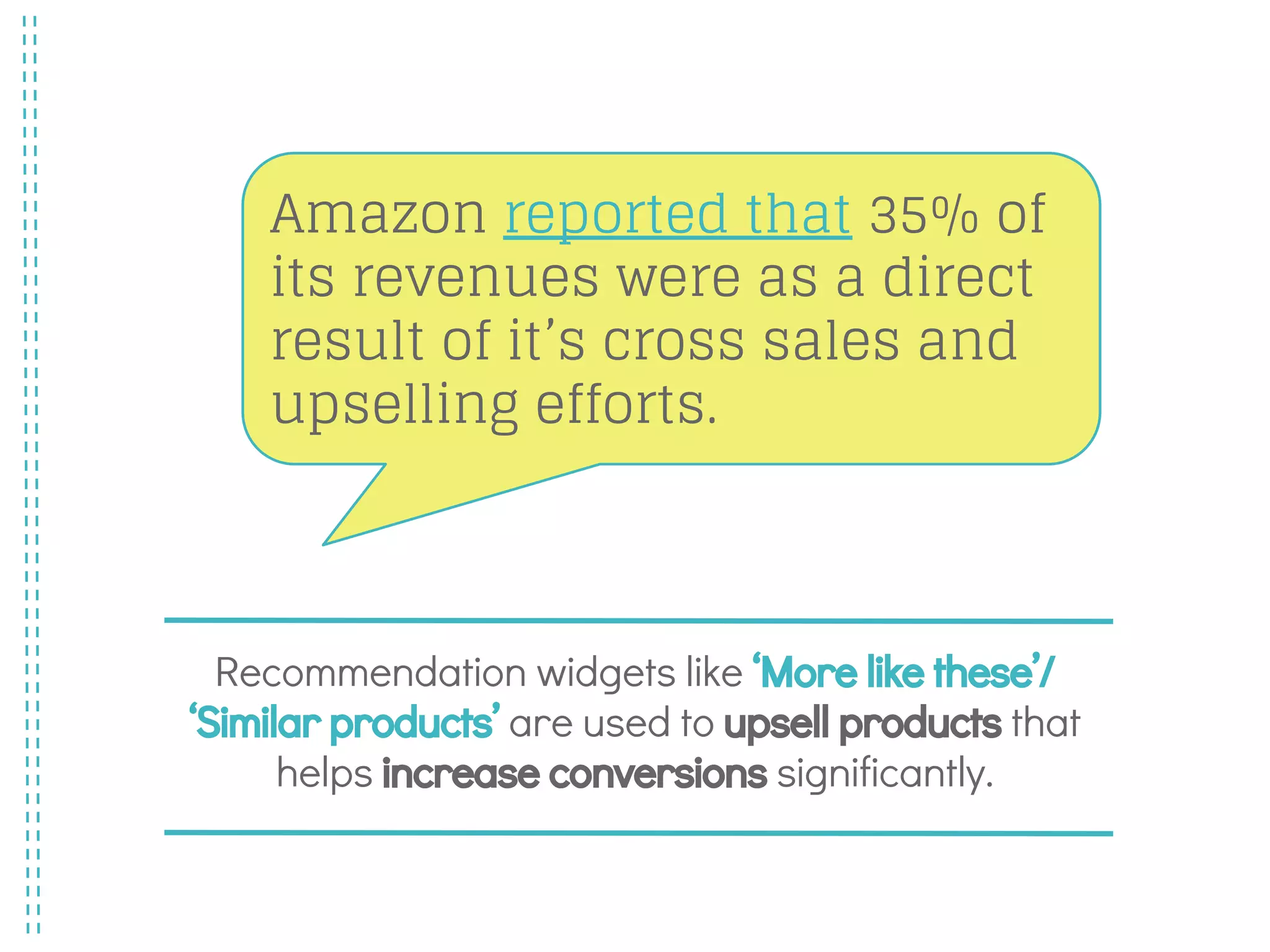 Recommendation widgets like ‘More like these’/
‘Similar products’ are used to upsell products that
helps increase conversions significantly.
Amazon reported that 35% of
its revenues were as a direct
result of it’s cross sales and
upselling efforts.
 