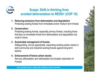 Scope: Shift in thinking from
          avoided deforestation to REDD+ (COP 15)
1. Reducing emissions from deforestation and degradation
   Protecting existing forests from immediate and/or medium term threats
2. Conservation:
   Protecting existing forests, especially primary forests, including those
   that face no immediate threat from deforestation and degradation but
   could in future
3. Sustainable management of forests:
   Safeguarding, and as appropriate, expanding existing carbon stocks in
   both community and industrial working forests against long-term
   decline
4. Enhancement of forest carbon stocks:
   Not only afforestation and reforestation but broader restoration of
   Forests

      IUCN, INTERNATIONAL UNION FOR CONSERVATION OF NATURE
 