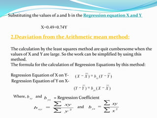 By putting the value of a and b in the Regression equation Y on X we getY=0.66+1.07XNow to find the regression equation of X on Y ,The two normal equation areSubstituting the values in the equations we get24=5a+29b………………………(i)168=29a+207b…………………..(ii)Multiplying equation (i)by 29 and in (ii) by 5 we geta=0.49 and b=0.74