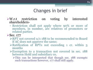 Changes in brief
W.r.t restriction on voting by interested
shareholders-
▫ Restriction shall not apply where 90% or more of
members, in number, are relatives of promoters or
related parties.
Sec. 177
RPT not covered u/s 188 to be recommended to Board
if AC does not approve the same;
Ratification of RPTs not exceeding 1 cr. within 3
months
Exemption to a transaction not covered in sec. 188
between Hold and subsidiary co.
This can be interpreted that though sec. 188 exempts
such transactions however, 177 shall still apply.
84
 