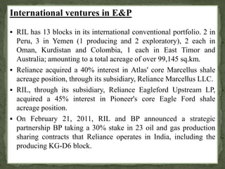 International ventures in E&P 
 RIL has 13 blocks in its international conventional portfolio. 2 in 
Peru, 3 in Yemen (1 producing and 2 exploratory), 2 each in 
Oman, Kurdistan and Colombia, 1 each in East Timor and 
Australia; amounting to a total acreage of over 99,145 sq.km. 
 Reliance acquired a 40% interest in Atlas' core Marcellus shale 
acreage position, through its subsidiary, Reliance Marcellus LLC. 
 RIL, through its subsidiary, Reliance Eagleford Upstream LP, 
acquired a 45% interest in Pioneer's core Eagle Ford shale 
acreage position. 
 On February 21, 2011, RIL and BP announced a strategic 
partnership BP taking a 30% stake in 23 oil and gas production 
sharing contracts that Reliance operates in India, including the 
producing KG-D6 block. 
 