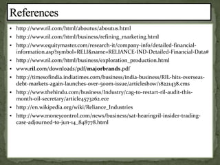  http://www.ril.com/html/aboutus/aboutus.html 
 http://www.ril.com/html/business/refining_marketing.html 
 http://www.equitymaster.com/research-it/company-info/detailed-financial-information. 
asp?symbol=RELI&name=RELIANCE-IND-Detailed-Financial-Data# 
 http://www.ril.com/html/business/exploration_production.html 
 www.ril.com/downloads/pdf/majorbrands.pdf 
 http://timesofindia.indiatimes.com/business/india-business/RIL-hits-overseas-debt- 
markets-again-launches-over-500m-issue/articleshow/18221438.cms 
 http://www.thehindu.com/business/Industry/cag-to-restart-ril-audit-this-month- 
oil-secretary/article4573262.ece 
 http://en.wikipedia.org/wiki/Reliance_Industries 
 http://www.moneycontrol.com/news/business/sat-hearingril-insider-trading-case- 
adjourned-to-jun-14_848778.html 
 