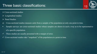 13
 Cross-sectional studies
 Longitudinal studies
 Panel Studies
a) Cross-sectional studies measure units from a sample of the population at only one point in time.
 Sample surveys: are cross-sectional studies whose samples are drawn in such a way as to be representative
of a specific population.
 These studies are usually presented with a margin of error.
 Cross-sectional studies take “snapshots” of the population at a point in time.
Three basic classifications:
 