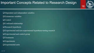 16
Important Concepts Related to Research Design
 Dependent and independent variables
 Extraneous variables
 Control
 Confound relationship
 Research hypothesis
 Experimental and non-experimental hypothesis-testing research
 Experimental and control group
 Treatments
 Experiments
 Experimental units
 
