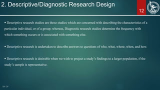 12
2. Descriptive/Diagnostic Research Design
 Descriptive research studies are those studies which are concerned with des...