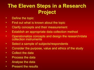 The Eleven Steps in a Research
Project
• Define the topic
• Find out what is known about the topic
• Clarify concepts and their measurement
• Establish an appropriate data collection method
• Operationalize concepts and design the research/data
collection instruments
• Select a sample of subjects/respondents
• Consider the purpose, value and ethics of the study
• Collect the data
• Process the data
• Analyse the data
• Present the results
 