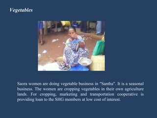 Vegetables Saora women are doing vegetable business in  “ Santha ” . It is a seasonal business. The women are cropping vegetables in their own agriculture lands. For cropping, marketing and transportation cooperative is providing loan to the SHG members at low cost of interest.  