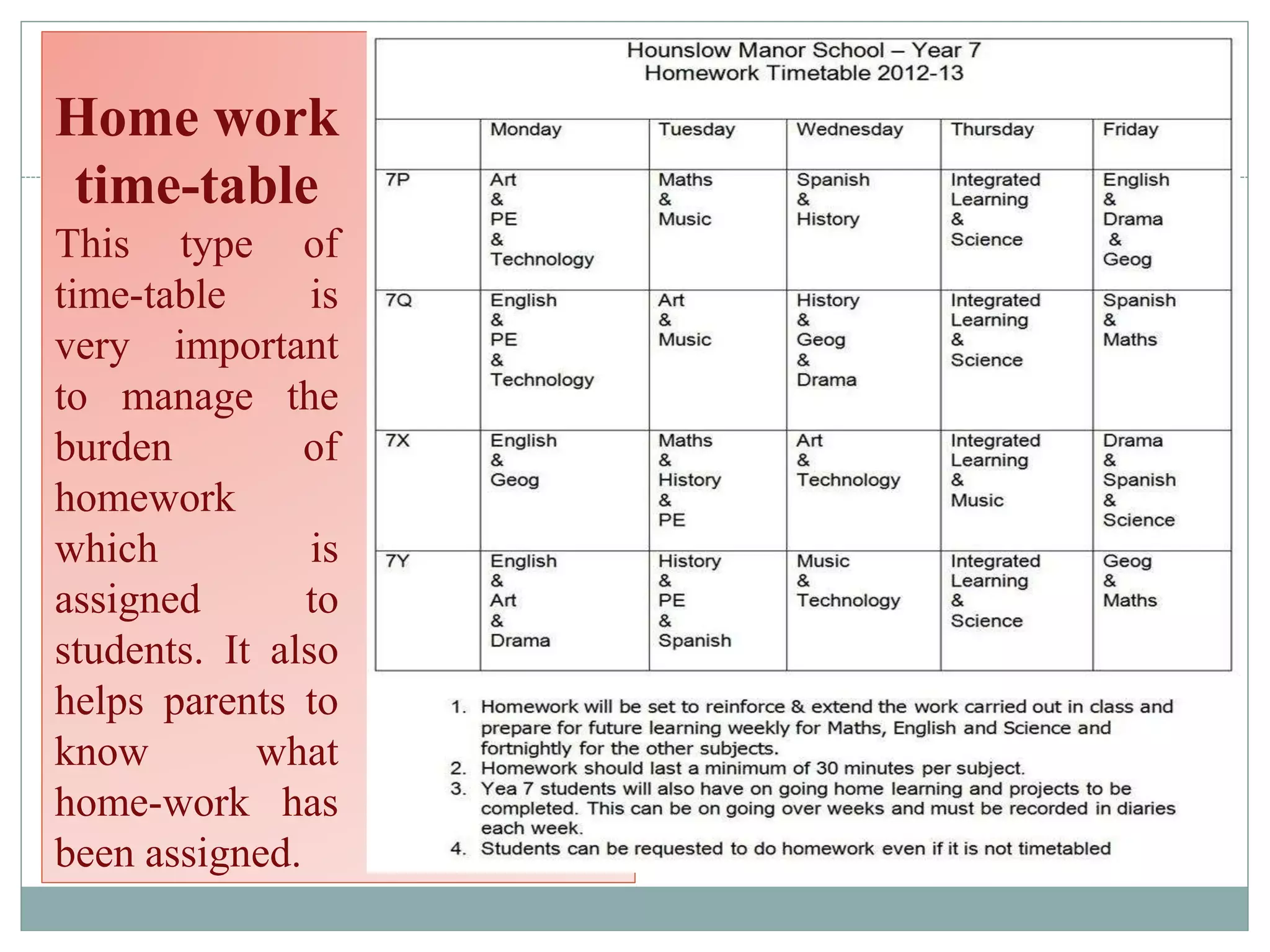Home work
time-table
This type of
time-table is
very important
to manage the
burden of
homework
which is
assigned to
students. It also
helps parents to
know what
home-work has
been assigned.