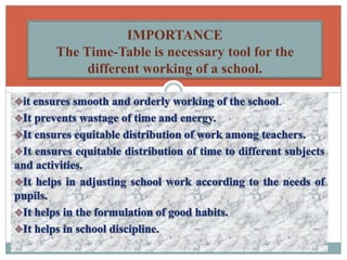 .
IMPORTANCE
The Time-Table is necessary tool for the
different working of a school.