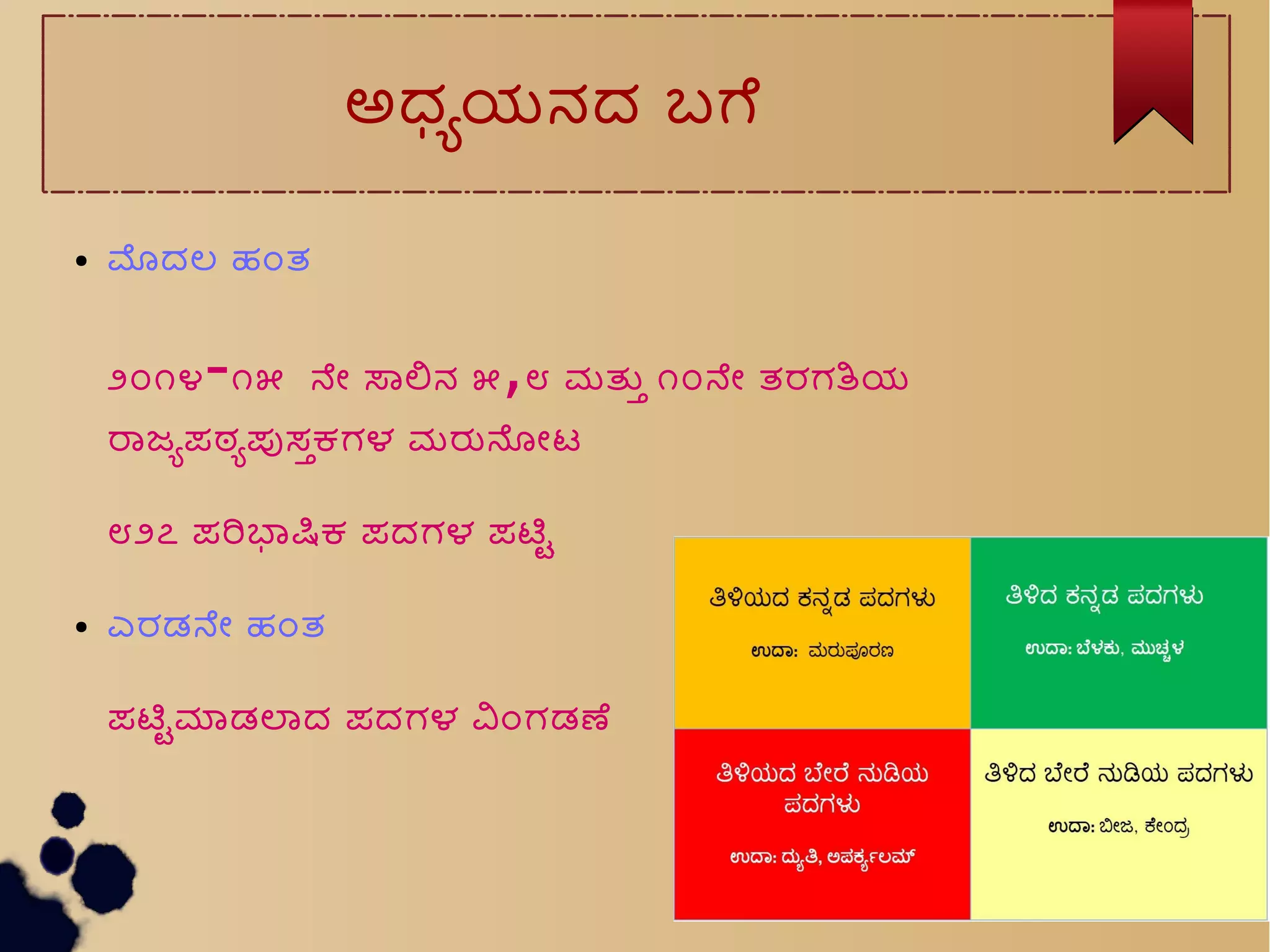 ಅಧಧಯನದ ಬಗ
● ಮದಲ ಹಒತ
೨೦೧೪-೧೫ ನನ ಸಲನ ೫,೮ ಮತಸ ೧೦ನನ ತರಗತಯ
ರಜಧಪಠಧಪಸಸಕಗಳ ಮರನನಟ
೮೨೭ ಪರಭಷಕ ಪದಗಳ ಪಟಟ
● ಎರಡನನ ಹಒತ
ಪಟಟಮಡಲದ ಪದಗಳ ವಒಗಡಣ
 