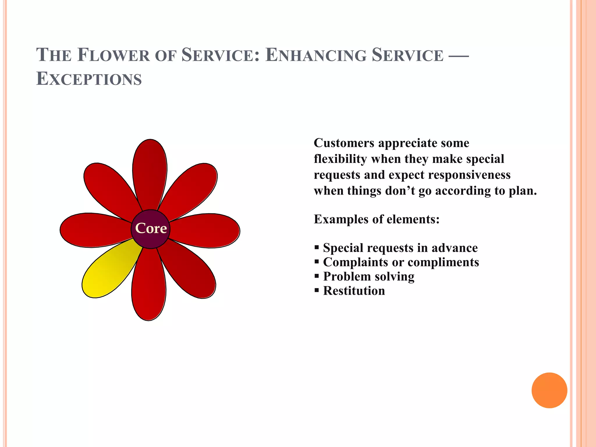 THE FLOWER OF SERVICE: ENHANCING SERVICE — 
EXCEPTIONS 
Core 
Customers appreciate some 
flexibility when they make special 
requests and expect responsiveness 
when things don’t go according to plan. 
Examples of elements: 
 Special requests in advance 
 Complaints or compliments 
 Problem solving 
 Restitution 
 