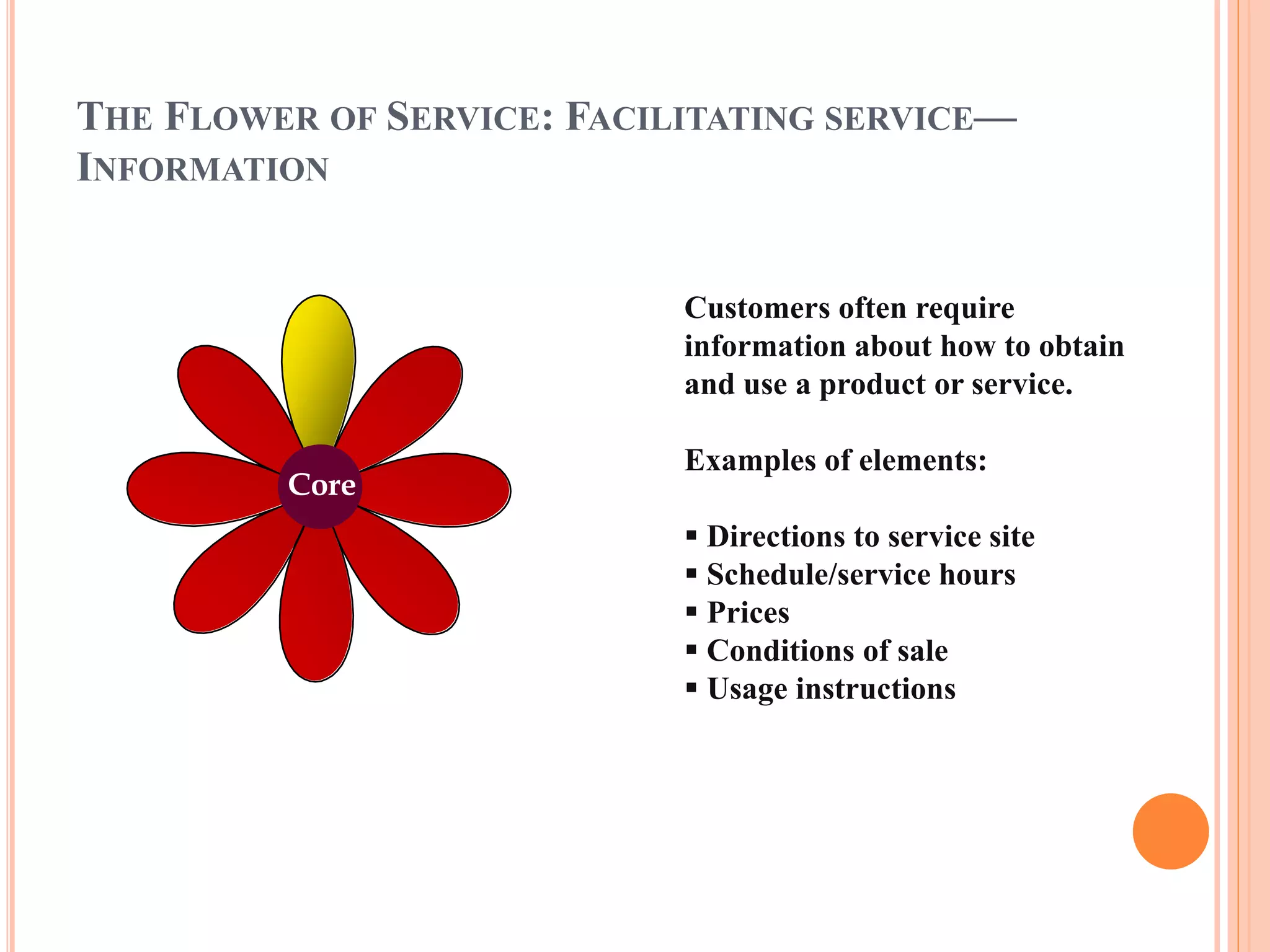 THE FLOWER OF SERVICE: FACILITATING SERVICE— 
INFORMATION 
Core 
Customers often require 
information about how to obtain 
and use a product or service. 
Examples of elements: 
 Directions to service site 
 Schedule/service hours 
 Prices 
 Conditions of sale 
 Usage instructions 
 