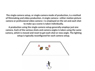 The single-camera setup, or single-camera mode of production, is a method
of filmmaking and video production. A single camera—either motion picture
camera or professional video camera—is employed on the set and each shot
                   to make up a scene is taken individually.
   A production using the single-camera setup generally employs just one
camera. Each of the various shots and camera angles is taken using the same
camera, which is moved and reset to get each shot or new angle. The lighting
            setup is typically reconfigured for each camera setup.
 