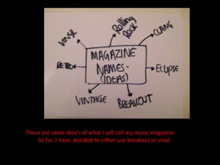 These are some idea’s of what I will call my music magazine. So far, I have  decided to either use breakout or vinyl. 