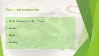 Required manpower


   Chefs (Permanent & Part-Time)

   Waiters

   Hosts

   Bussing



                                    3/26/2013
 