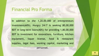 Financial Pro Forma

In addition to the 1,20,00,000 of entrepreneurs
investment(60%), Hungry 24/7 is seeking 80,00,000
BDT in long-term loans(40%) for providing 1,80,00,000
BDT in investment for renovations, furniture, kitchen
equipment,   liquor   license,     food   &   restaurant
supplies, legal fees, working capital, marketing and
                      personnel.
 