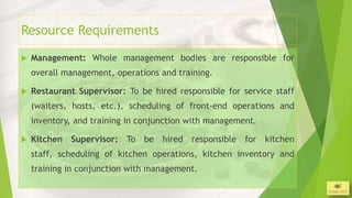 Resource Requirements
   Management: Whole management bodies are responsible for
    overall management, operations and training.

   Restaurant Supervisor: To be hired responsible for service staff
    (waiters, hosts, etc.), scheduling of front-end operations and
    inventory, and training in conjunction with management.

   Kitchen Supervisor: To be hired responsible for kitchen
    staff, scheduling of kitchen operations, kitchen inventory and
    training in conjunction with management.

                                                                       3/26/2013
 