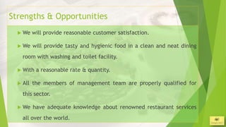 Strengths & Opportunities
   We    will provide reasonable customer satisfaction.

   We    will provide tasty and hygienic food in a clean and neat dining
    room with washing and toilet facility.

   With   a reasonable rate & quantity.

   All   the members of management team are properly qualified for
    this sector.

   We    have adequate knowledge about renowned restaurant services
    all over the world.                                                     3/26/2013
 