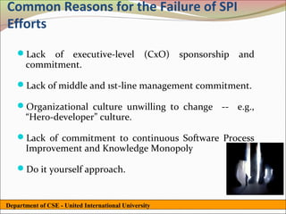Common Reasons for the Failure of SPI
Efforts
   Lack   of executive-level                   (CxO)   sponsorship   and
      commitment.

   Lack of middle and 1st-line management commitment.

   Organizational culture unwilling to change -- e.g.,
      “Hero-developer” culture.

   Lack of commitment to continuous Software Process
      Improvement and Knowledge Monopoly

   Do it yourself approach.



Department of CSE - United International University
 