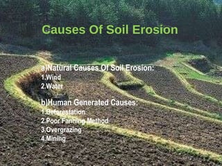 Causes Of Soil Erosion a)Natural Causes Of Soil Erosion: 1.Wind 2.Water b)Human Generated Causes: 1.Deforestation 2.Poor Fanning Method 3.Overgrazing 4.Mining 