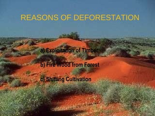 REASONS OF DEFORESTATION a) Exploitation of Timber b) Fire Wood from Forest c) Shifting Cultivation 