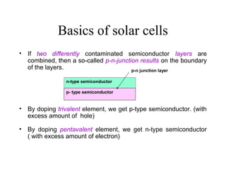 Basics of solar cells
• If two differently contaminated semiconductor layers are
combined, then a so-called p-n-junction results on the boundary
of the layers.
• By doping trivalent element, we get p-type semiconductor. (with
excess amount of hole)
• By doping pentavalent element, we get n-type semiconductor
( with excess amount of electron)
n-type semiconductor
p- type semiconductor
p-n junction layer
 