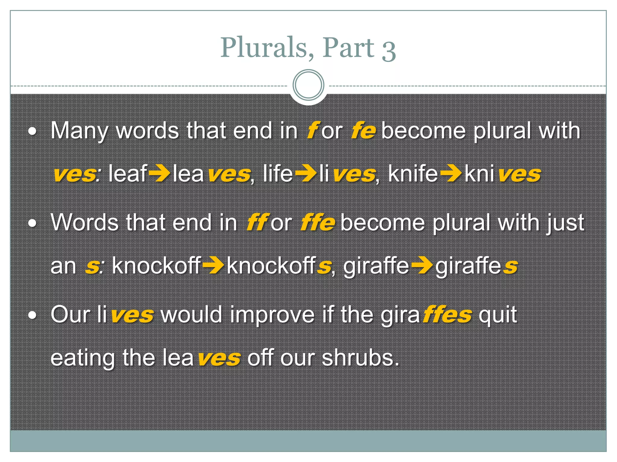 Plurals, Part 3
 Many words that end in

f or fe become plural with

ves: leafleaves, lifelives, knifeknives
 Words that end in

ff or ffe become plural with just

an s: knockoffknockoffs, giraffegiraffes
 Our lives would improve if the giraffes quit

eating the leaves off our shrubs.

 
