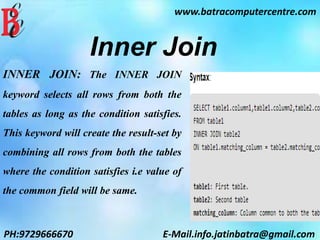 www.batracomputercentre.com
PH:9729666670 E-Mail.info.jatinbatra@gmail.com
Inner Join
INNER JOIN: The INNER JOIN
keyword selects all rows from both the
tables as long as the condition satisfies.
This keyword will create the result-set by
combining all rows from both the tables
where the condition satisfies i.e value of
the common field will be same.
 