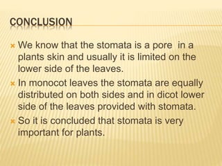 CONCLUSION
 We know that the stomata is a pore in a
plants skin and usually it is limited on the
lower side of the leaves.
 In monocot leaves the stomata are equally
distributed on both sides and in dicot lower
side of the leaves provided with stomata.
 So it is concluded that stomata is very
important for plants.
 