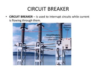 CIRCUIT BREAKER
• CIRCUIT BREAKER – is used to interrupt circuits while current
is flowing through them.
Circuit Breakers
( Connected in a typical 3-
phase circuit )
Operating
Mechanism
Panel
 
