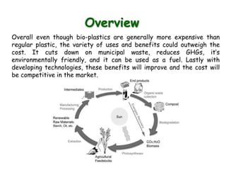 Overview
Overall even though bio-plastics are generally more expensive than
regular plastic, the variety of uses and benefits could outweigh the
cost. It cuts down on municipal waste, reduces GHGs, it’s
environmentally friendly, and it can be used as a fuel. Lastly with
developing technologies, these benefits will improve and the cost will
be competitive in the market.
 