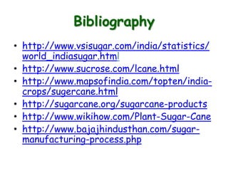 Bibliography
• http://www.vsisugar.com/india/statistics/
world_indiasugar.html
• http://www.sucrose.com/lcane.html
• http://www.mapsofindia.com/topten/india-
crops/sugercane.html
• http://sugarcane.org/sugarcane-products
• http://www.wikihow.com/Plant-Sugar-Cane
• http://www.bajajhindusthan.com/sugar-
manufacturing-process.php
 