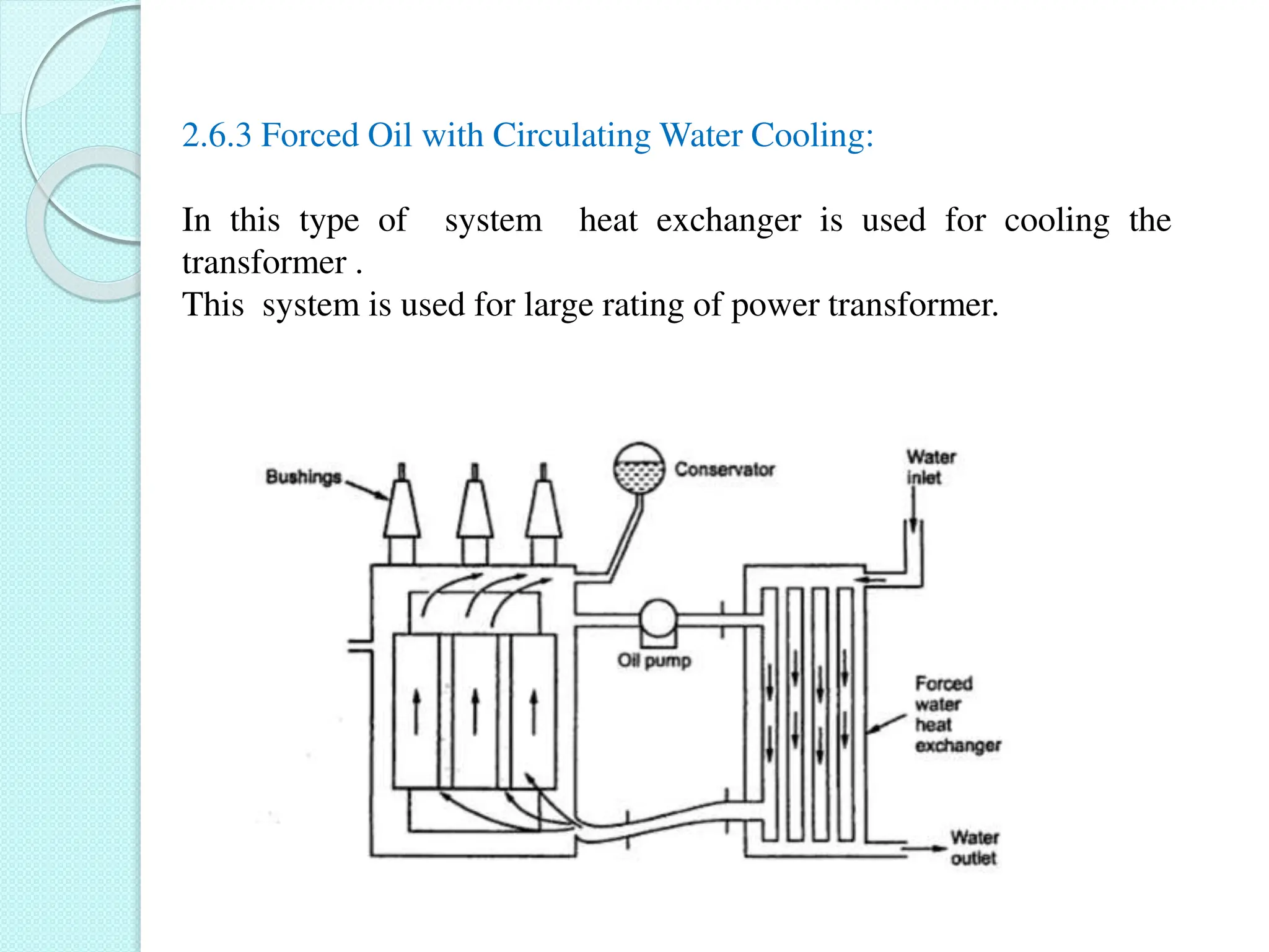 2.6.3 Forced Oil with Circulating Water Cooling:
In this type of system heat exchanger is used for cooling the
transformer .
This system is used for large rating of power transformer.
 
