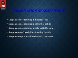 FORMULATION OF SUSPENSIONS
Suspensions containing diffusible solids
Suspensions containing in diffusible solids
Suspensions containing poorly wettable solids
Suspensions of precipitate forming liquids
Suspensions produced by chemical reactions
 