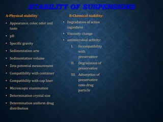 STABILITY OF SUSPENSIONS
A-Physical stability
• Appearance, color, odor and
taste
• pH
• Specific gravity
• Sedimentation arte
• Sedimentation volume
• Zeta potential measurement
• Compatibility with container
• Compatibility with cap liner
• Microscopic examination
• Determination crystal size
• Determination uniform drug
distribution
B-Chemical stability:
• Degradation of active
ingredient
• Viscosity change
• antimicrobial activity:
I. Incompatibility
with
preservative
II. Degradation of
preservative
III. Adsorption of
preservative
onto drug
particle
 