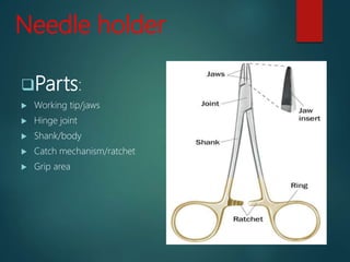 Needle holder
Parts:
 Working tip/jaws
 Hinge joint
 Shank/body
 Catch mechanism/ratchet
 Grip area
 