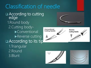 Classification of needle
 According to cutting
edge
1.Round body
2.Cutting body-
Conventional
Reverse cutting
 According to its tip
1.Triangular
2.Round
3.Blunt
 